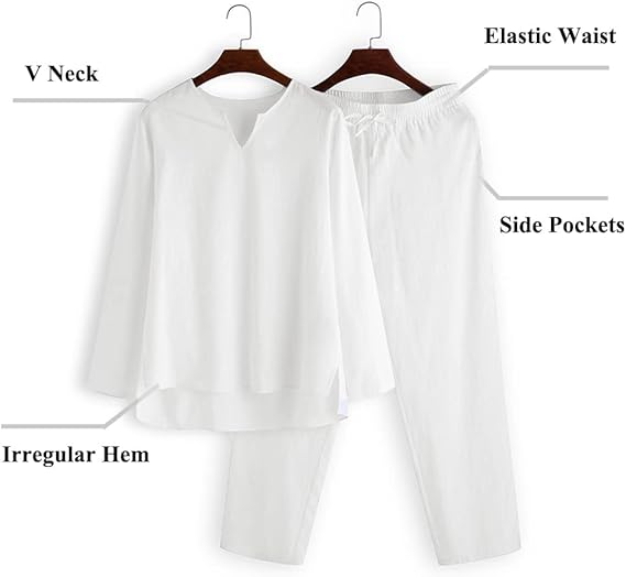 Men's 2 Pieces Cotton Linen Set Henley Shirt Long Sleeve and Casual Beach Pants Summer Yoga Outfits