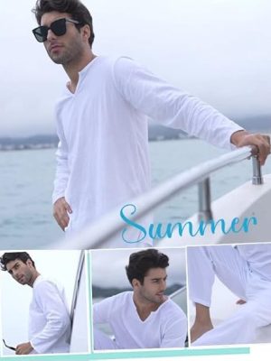 Men's 2 Pieces Cotton Linen Set Henley Shirt Long Sleeve and Casual Beach Pants Summer Yoga Outfits