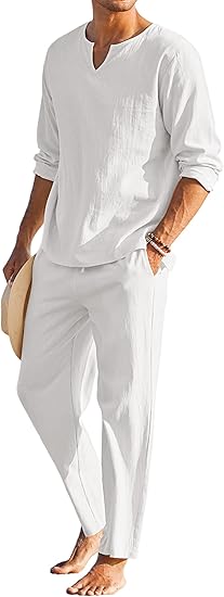 Men's 2 Pieces Cotton Linen Set Henley Shirt Long Sleeve and Casual Beach Pants Summer Yoga Outfits