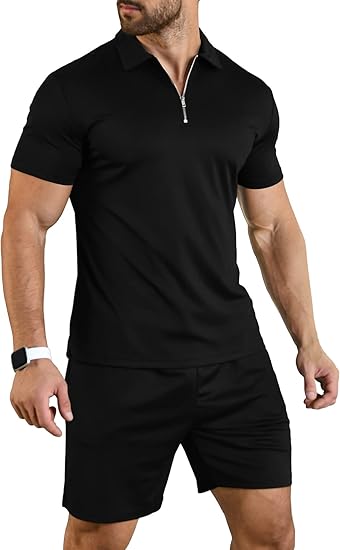 Mens Short Sleeve Casual Polo Shirt and Shorts Sets Two Piece Summer Outfits Zip Polo Tracksuit Set for Men S-XXL