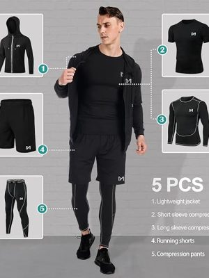 mens 5pcs Men's Compression Sets Pants Long Sleeve Shirt Athletic Shorts Running JacketShirt