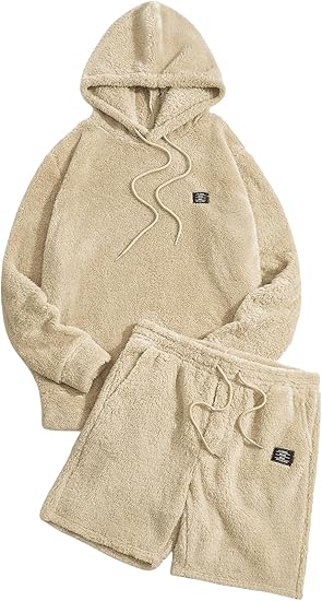 Men's 2 Piece Tracksuit Sets Fleece Fuzzy Hooded Sweatshirt and Shorts