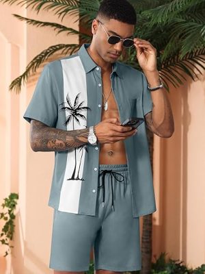 Men's Hawaiian Shirts Sets Button Down Coconut Tree Hawaiian Shirt Shorts 2 Piece Hawaiian Outfits