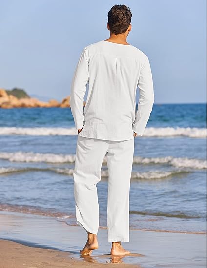 Men's 2 Pieces Cotton Linen Set Henley Shirt Long Sleeve and Casual Beach Pants Summer Yoga Outfits