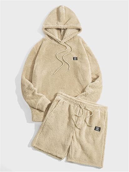 Men's 2 Piece Tracksuit Sets Fleece Fuzzy Hooded Sweatshirt and Shorts