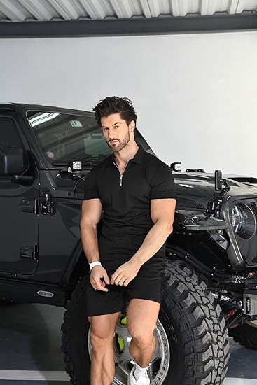 Mens Short Sleeve Casual Polo Shirt and Shorts Sets Two Piece Summer Outfits Zip Polo Tracksuit Set for Men S-XXL