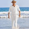Men's 2 Pieces Cotton Linen Set Henley Shirt Long Sleeve and Casual Beach Pants Summer Yoga Outfits