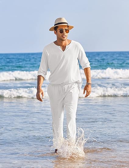Men's 2 Pieces Cotton Linen Set Henley Shirt Long Sleeve and Casual Beach Pants Summer Yoga Outfits