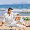 Men's 2 Pieces Cotton Linen Set Henley Shirt Long Sleeve and Casual Beach Pants Summer Yoga Outfits