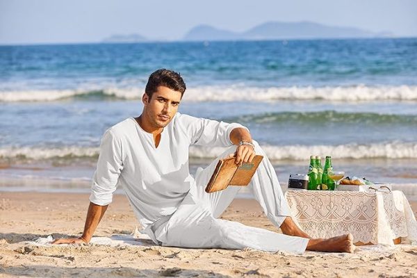 Men's 2 Pieces Cotton Linen Set Henley Shirt Long Sleeve and Casual Beach Pants Summer Yoga Outfits